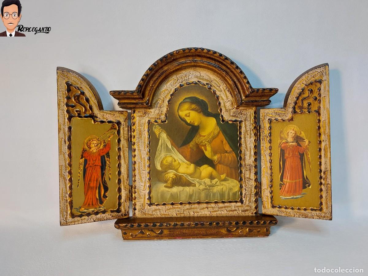Antig&uuml;edades: TR&Iacute;PTICO RELIGIOSO MADERA DECORADA : VIRGEN CON NI&Ntilde;O JES&Uacute;S Y &Aacute;NGELES / A&Ntilde;OS 70 / CAT&Oacute;LICO VINTAGE