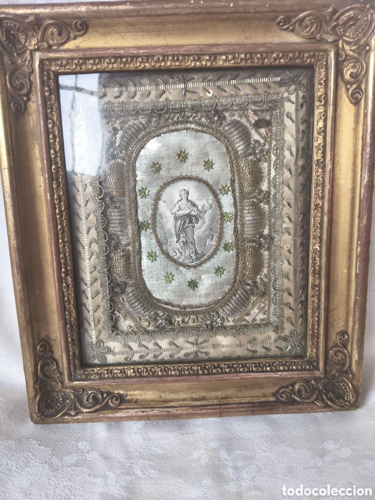 Antiguidades: Antiguo relicario cuadro Virgen Mar&iacute;a Inmaculada con tela bordada al oro con reliquia