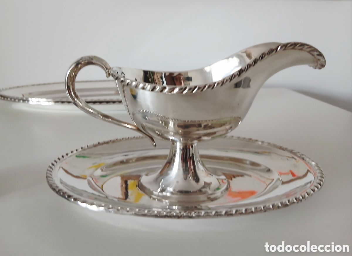 Antig&uuml;edades: Antigua Salsera con Bandeja de Alpaca - Borde de Cord&oacute;n - Estilo Cl&aacute;sico