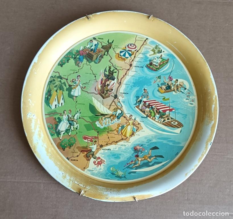 Antig&uuml;edades: Bandeja met&aacute;lica antigua mapa pict&oacute;rico de Valencia &ndash; Castell&oacute;n - Alicante
