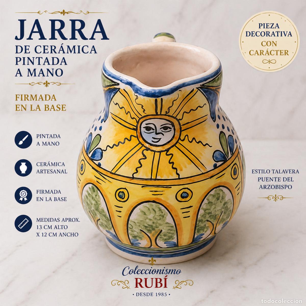 Antig&uuml;edades: JARRA DE CER&Aacute;MICA PINTADA A MANO Y FIRMADA / ESTILO TALAVERA/PUENTE / MOTIVO SOL / 13 CM