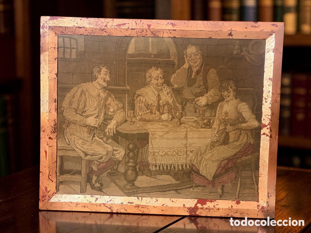 Antiques: Antiguo tapiz costumbrista enmarcado