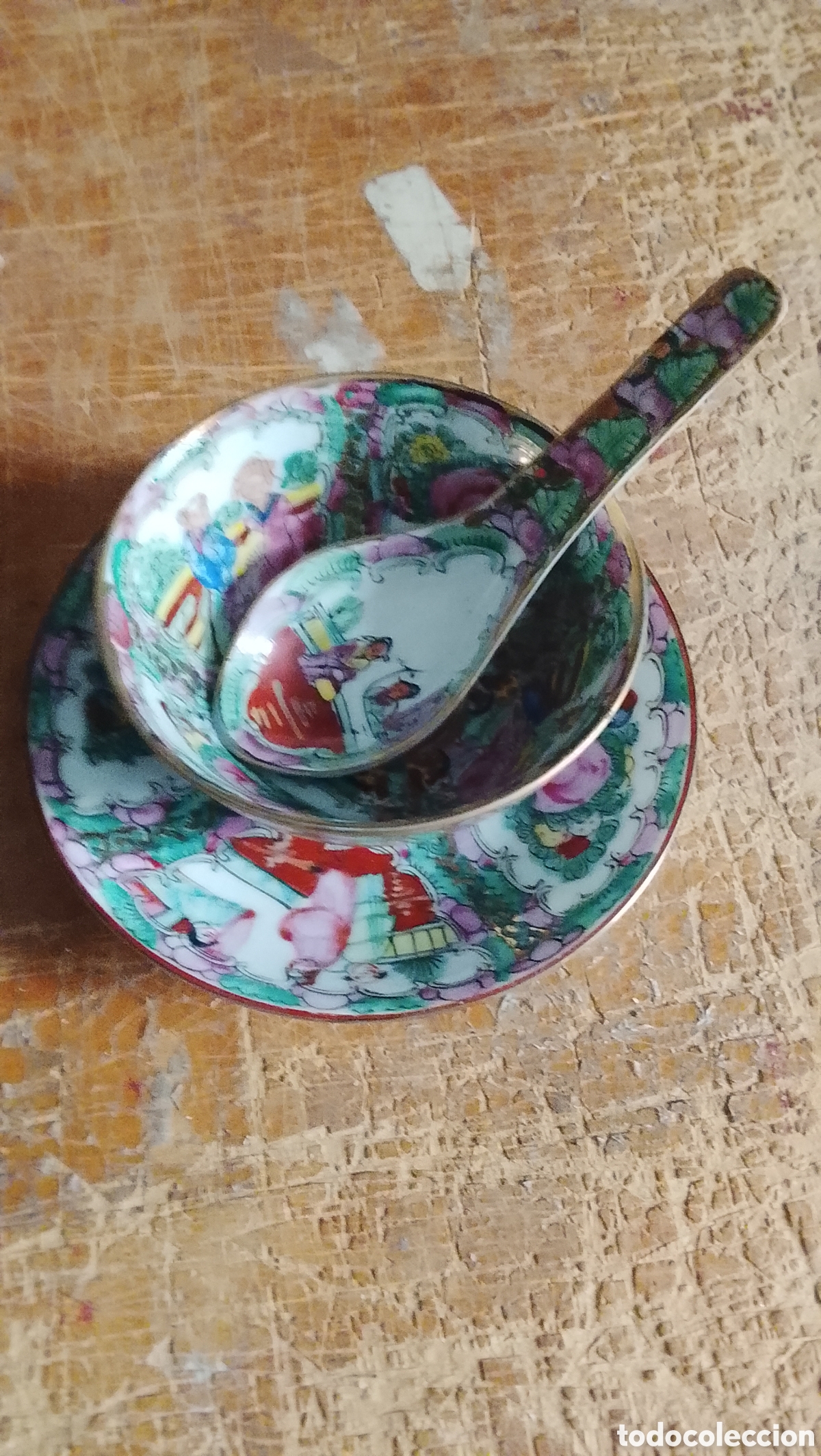 Antig&uuml;edades: Juego cer&aacute;mica porcelana fabricada macau oriental plato bol cuchara