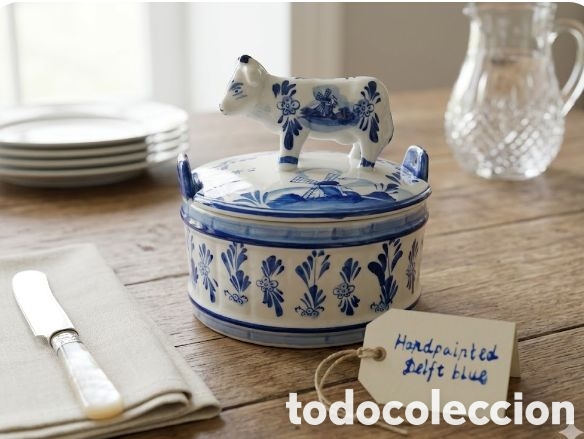 Antig&uuml;edades: Mantequera vaca cer&aacute;mica porcelana antigua DELF pintada a mano