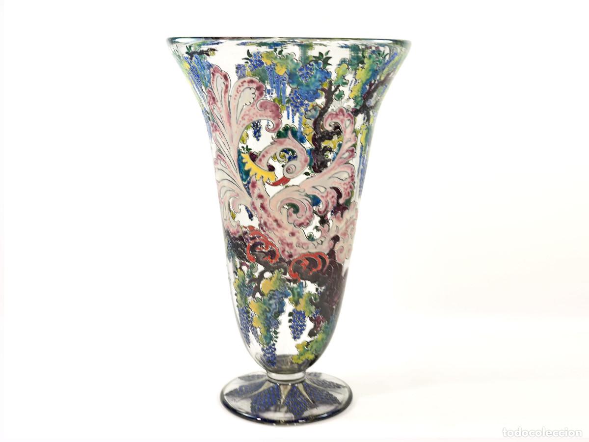 Antig&uuml;edades: Jarron Art Deco de Cristal Esmaltado CIRERA a&ntilde;os 40-50-Firmado