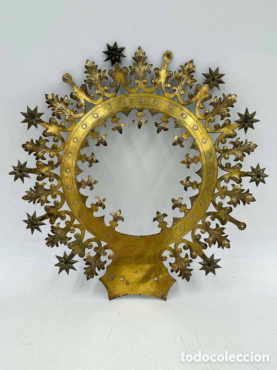 Antig&uuml;edades: Antigua Gran Corona de halo, aureola, resplandor metal dorado, escultura virgen tama&ntilde;o natural