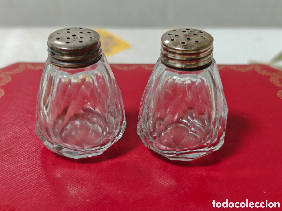 Antig&uuml;edades: Dos bonitos saleros en plata de ley y cristal de calidad