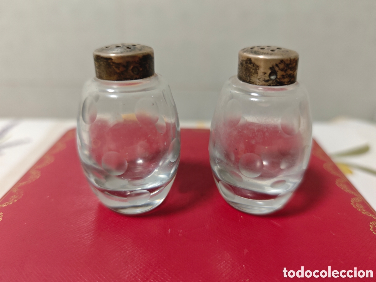 Antig&uuml;edades: Dos bonitos saleros en plata de ley y cristal de calidad