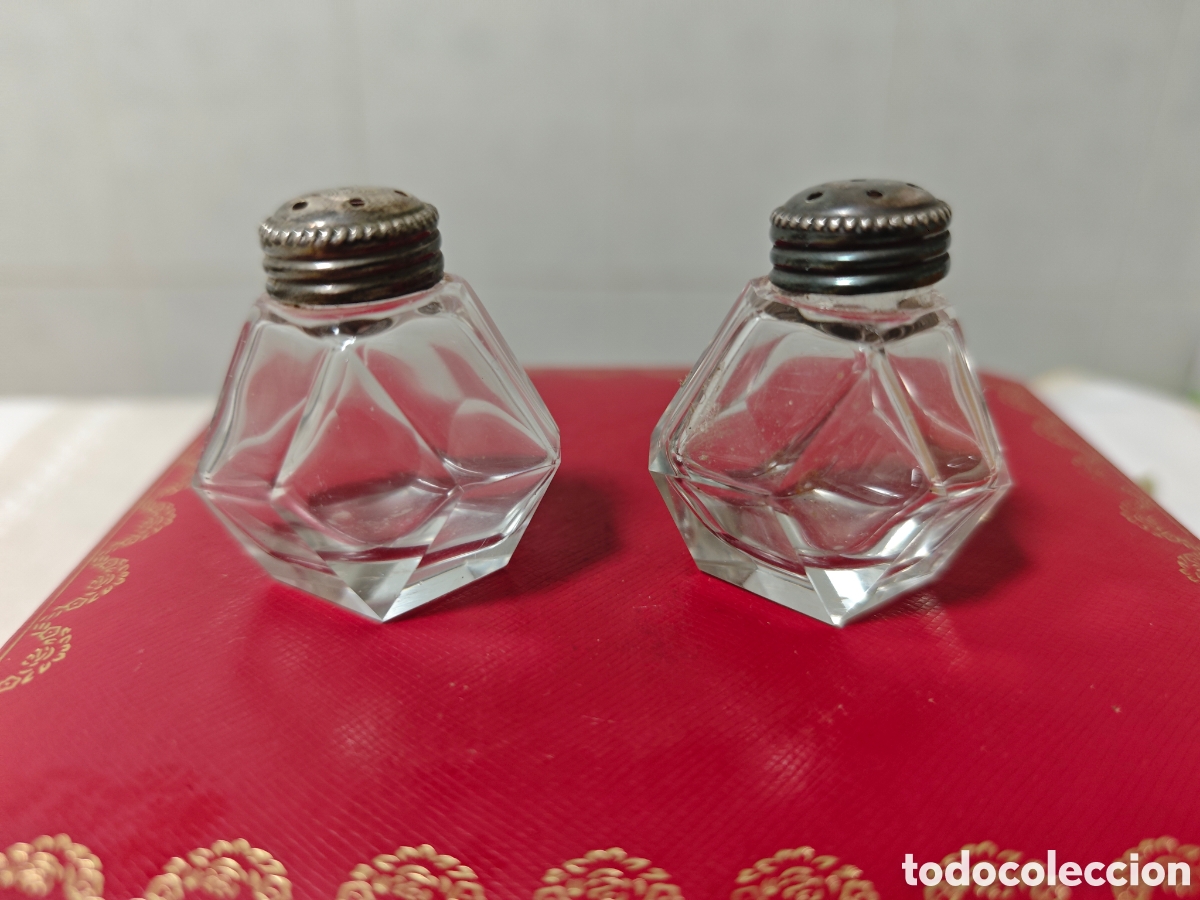 Antig&uuml;edades: Dos bonitos saleros en plata de ley y cristal de calidad
