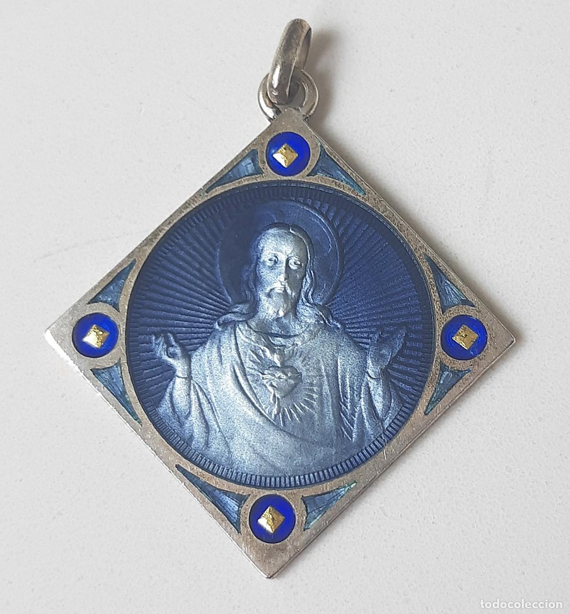 Antig&uuml;edades: PRECIOSA MEDALLA ROMBOIDAL ESMALTE AZUL Y PLATA, VIRGEN DEL CARMEN Y SAGRADO CORAZ&Oacute;N, S. XIX