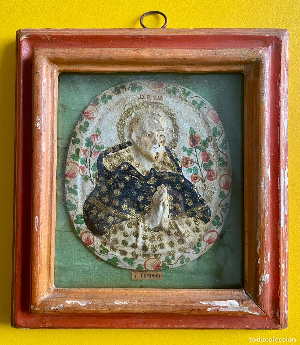 Antig&uuml;edades: Santo Domingo, relicario, objeto devocional, pasta de sal policromada, Italia siglo XVIII, con marco