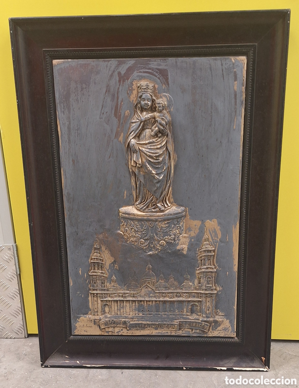 Antig&uuml;edades: Antiguo Cuadro Templo y Nuestra Se&ntilde;ora del Pilar de Zaragoza - Virgen del Pilar - Firmado - Leer -