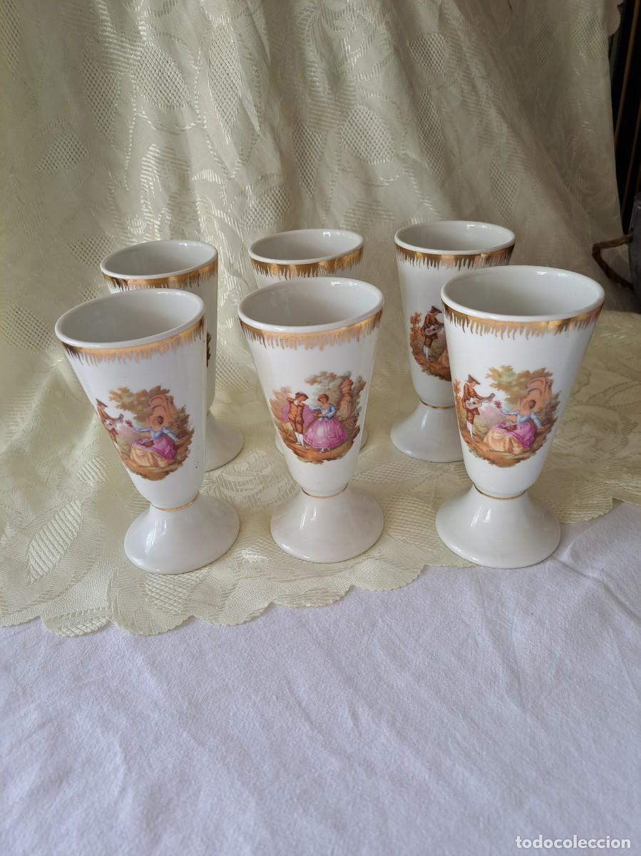 Antig&uuml;edades: Hermoso juego de 6 copas de porcelana, Imagen rom&aacute;ntica Fragonard, Limoges.