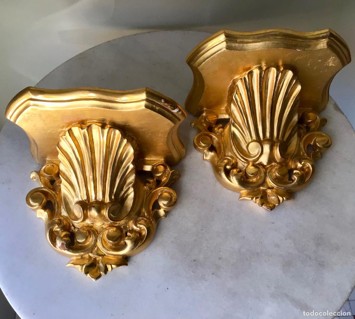 Antiguidades: MARAVILLOSA PAREJA DE ANTIGUAS MENSULAS -PEANAS EN MADERA DORADAS AL ORO