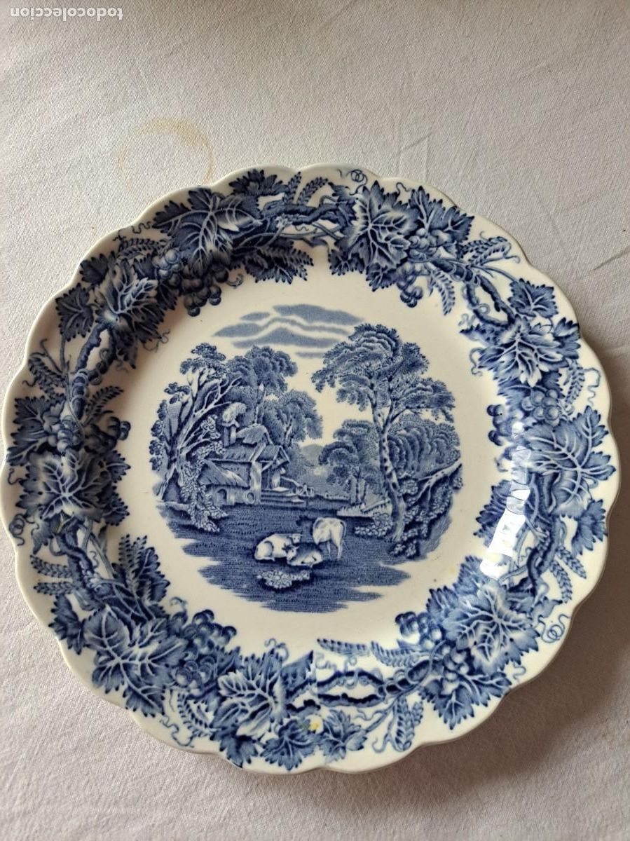 Antig&uuml;edades: Bonito plato de postre de porcelana British scenery, azul