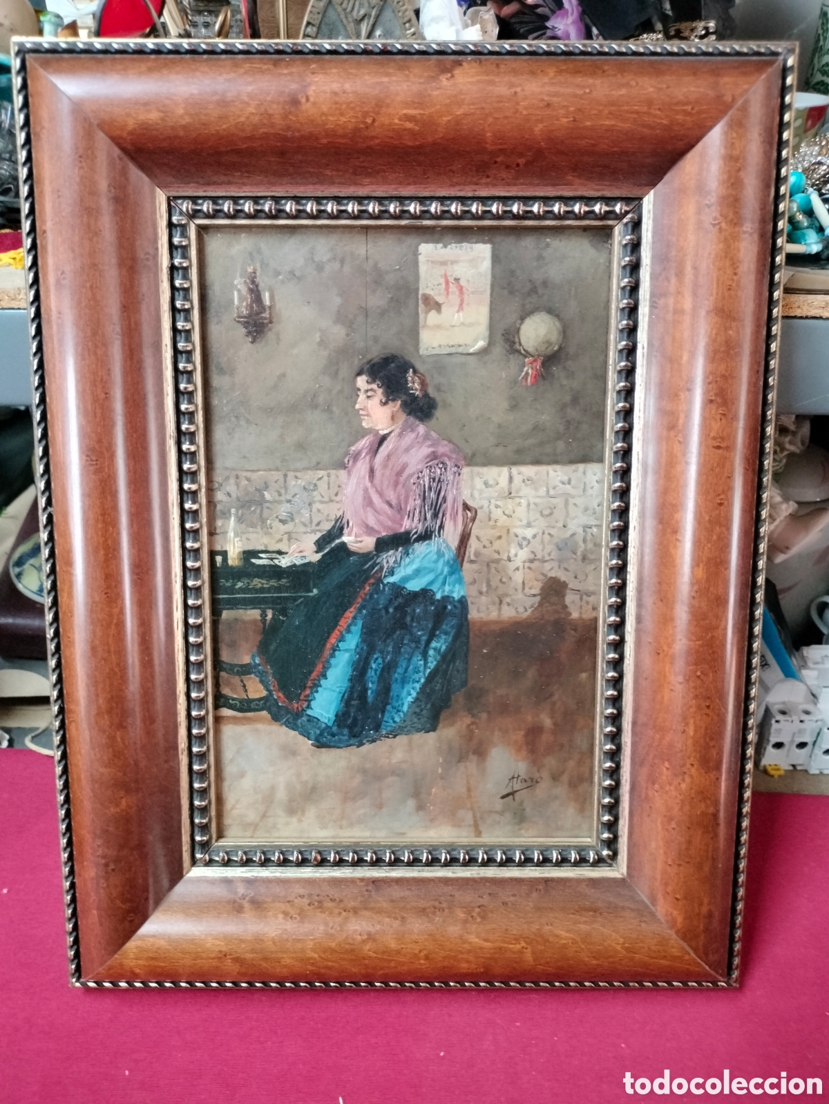 Antig&uuml;edades: Antiguo cuadro pintado sobre tablilla final siglo XIX y firmado por HARO