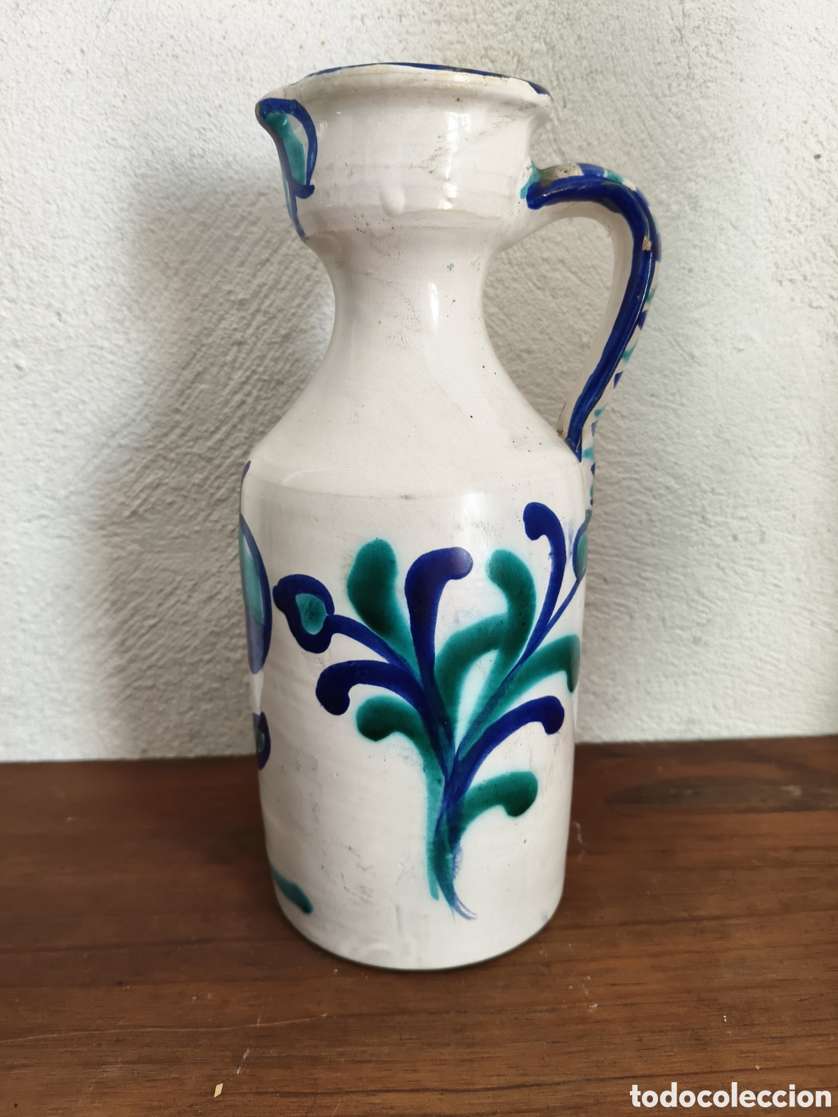 Antiguidades: Preciosa aceitera antigua en Barro, esmaltado y decorado 24 cm Alcuza Granada Fajalauza