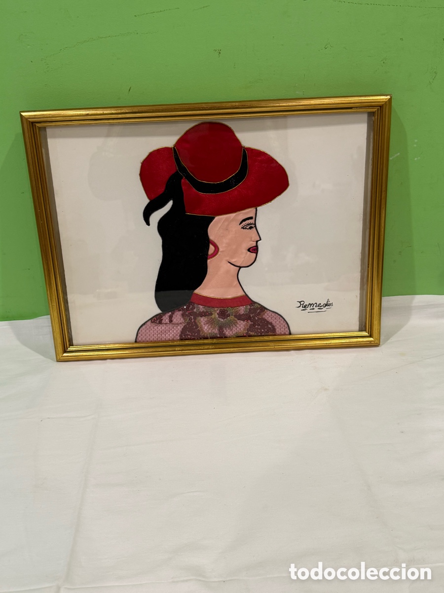 Antig&uuml;edades: Remedios Dama Elegante T&eacute;cnica Textil Bordada Firmado Enmarcado Barcelona 1991