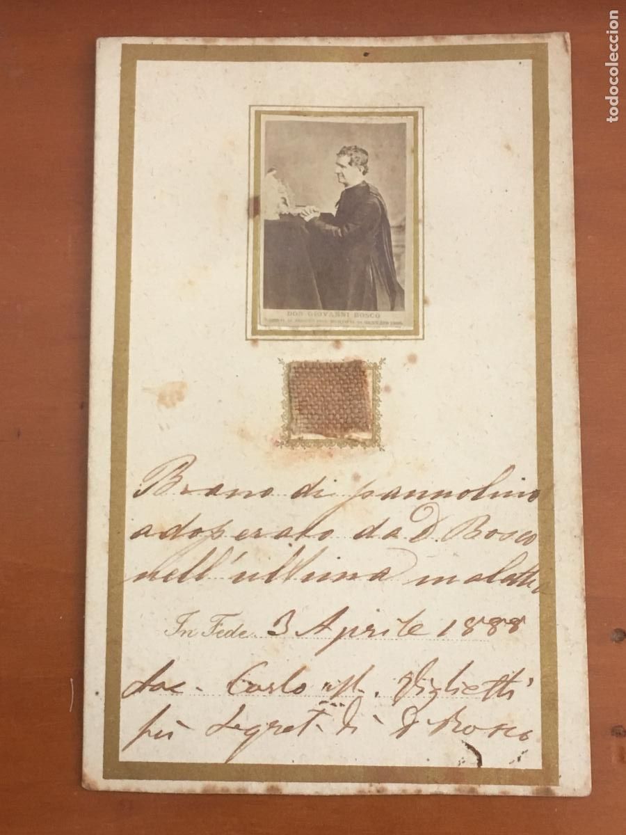 Antig&uuml;edades: san juan bosco estampa con reliquia de su ropa original 1888