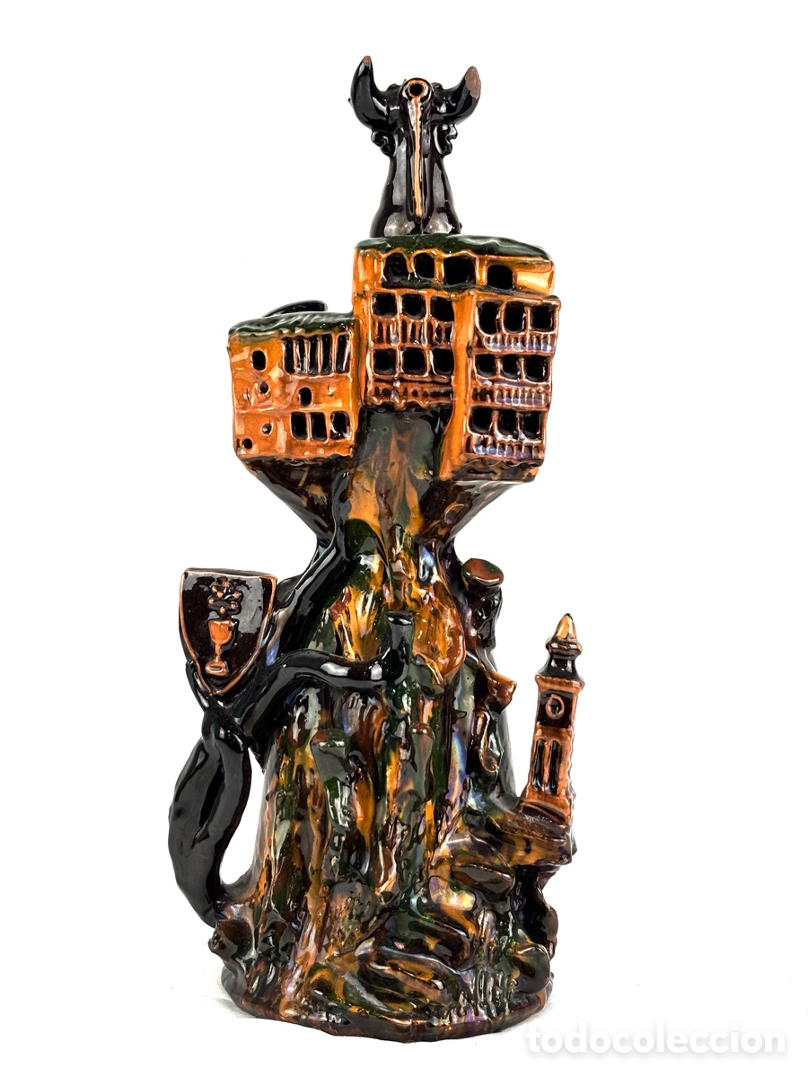 Antig&uuml;edades: BOTIJO CER&Aacute;MICA VIDRIADA - RECUERDO DE CUENCA - 38 X 17 CM