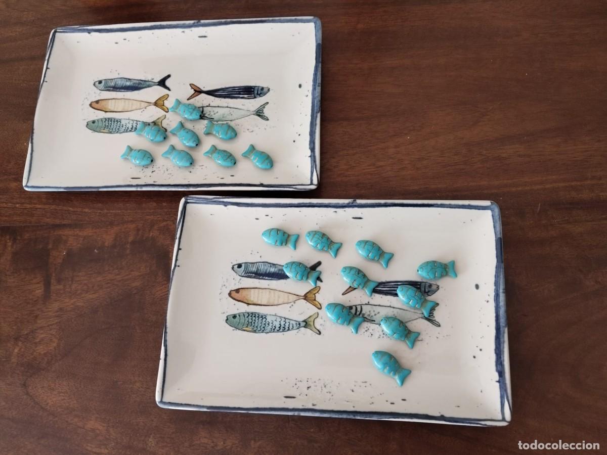 Antig&uuml;edades: Pareja de bandejitas con pececillos en piedra.