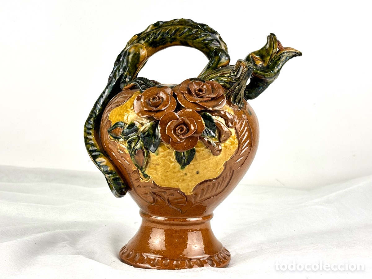Antiques: BOTIJO CER&Aacute;MICA VIDRIADA - LAGARTO Y FLORES - LA BISBAL