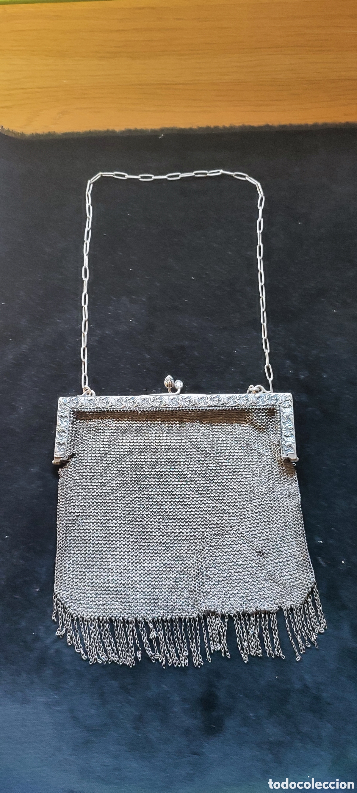 Antig&uuml;edades: Antiguo bolso modernista de plata maciza calada y grabada a mano