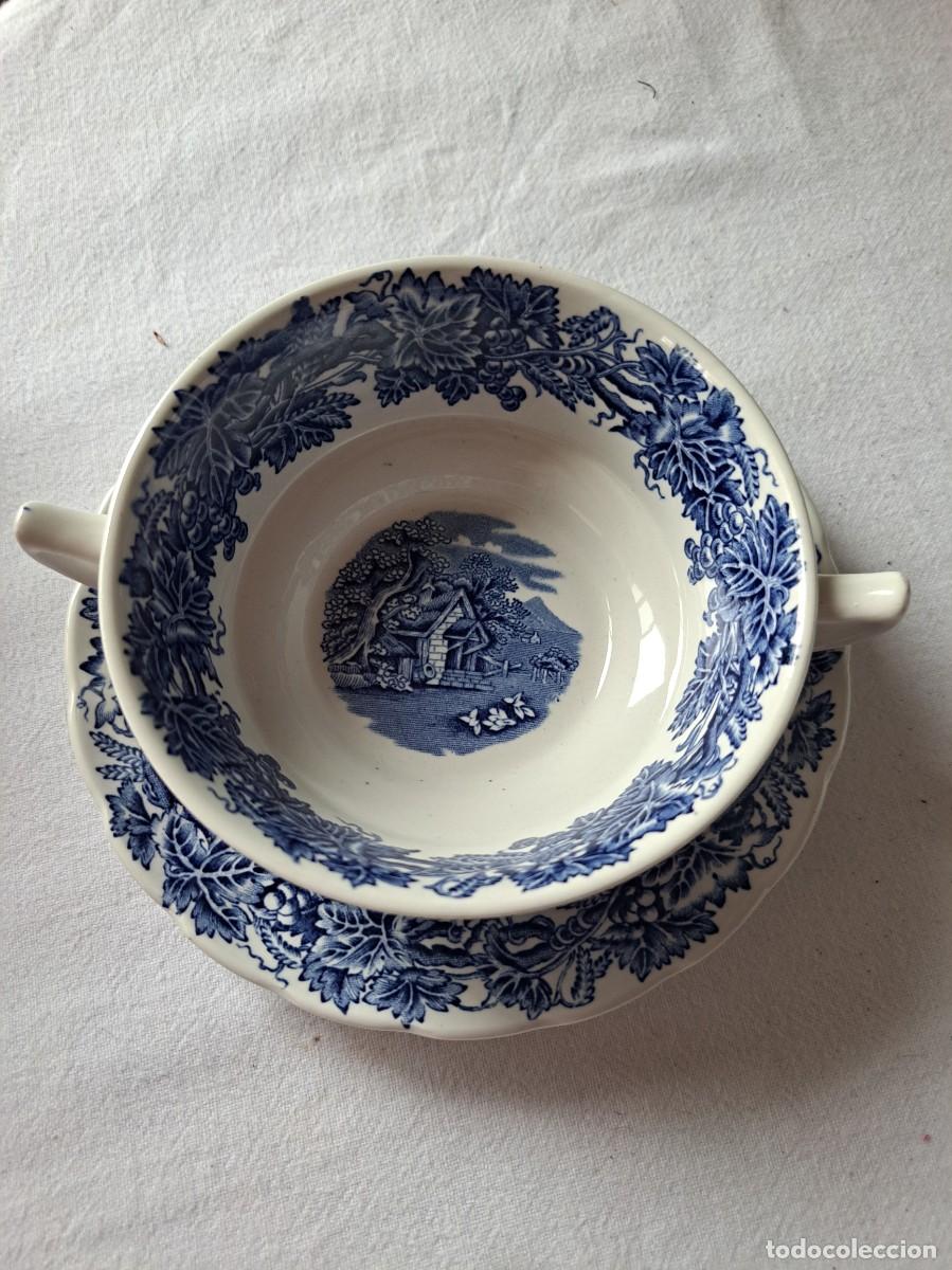 Antig&uuml;edades: Servicio de consom&eacute; de porcelana British Scenery, Made in england, azul
