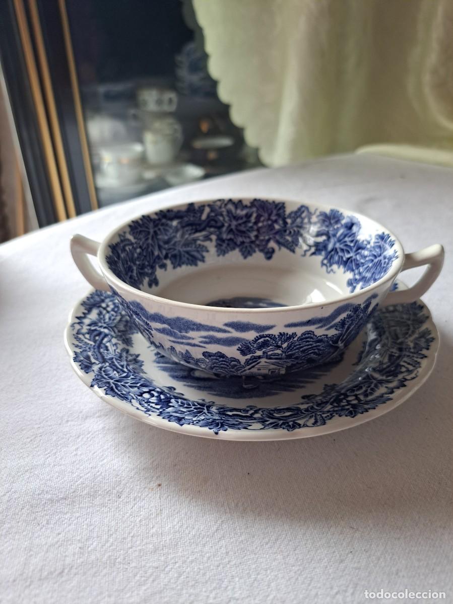 Antig&uuml;edades: Servicio de consom&eacute; de porcelana British Scenery, Made in england, azul