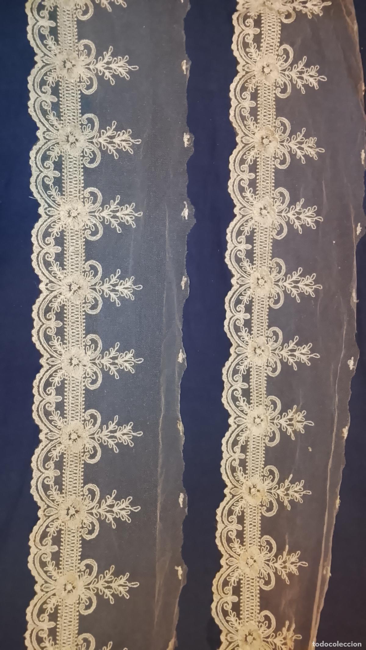 Antig&uuml;edades: 143 X 11 CM PRECIOSA BLONDA PUNTILLA ENCAJE TUL BORDADO BEIGE PARA VIRGEN DE VESTIR