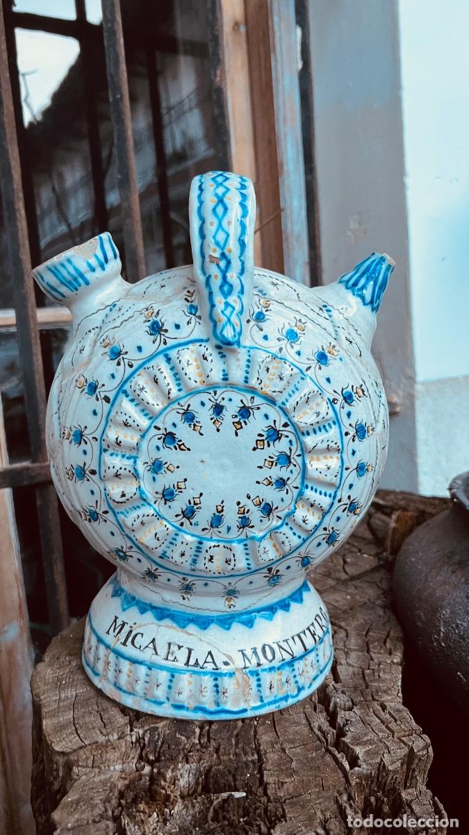 Antig&uuml;edades: Gran Botijo cer&aacute;mica Talavera nombre Micaela Montero s XIX 32cms