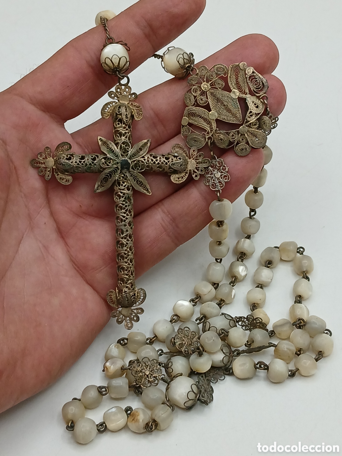 Antig&uuml;edades: Antiguo rosario plata filigrana y n&aacute;car. Gran tama&ntilde;o