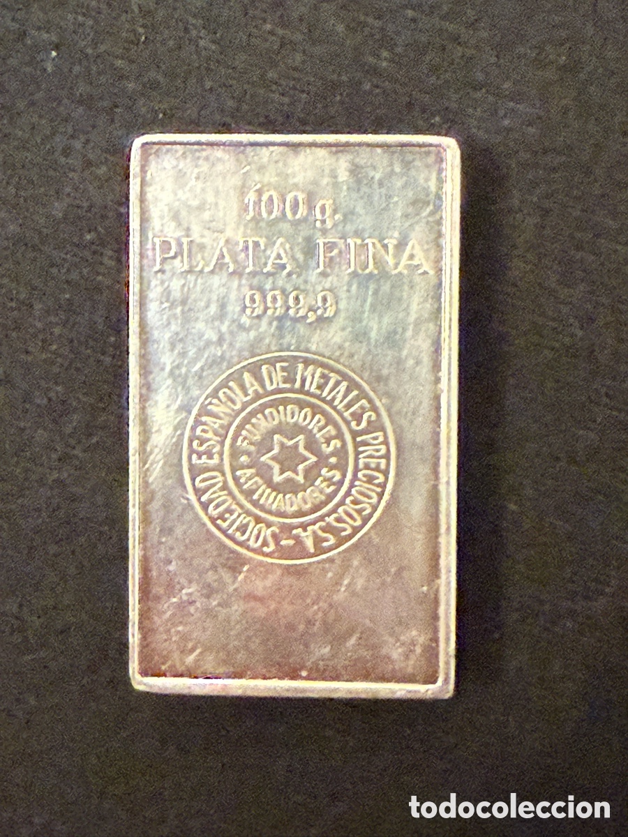 Antig&uuml;edades: Lingote de plata fina 100 gramos 999 mil&eacute;simas Afinadores Unidos Espa&ntilde;a metales preciosos