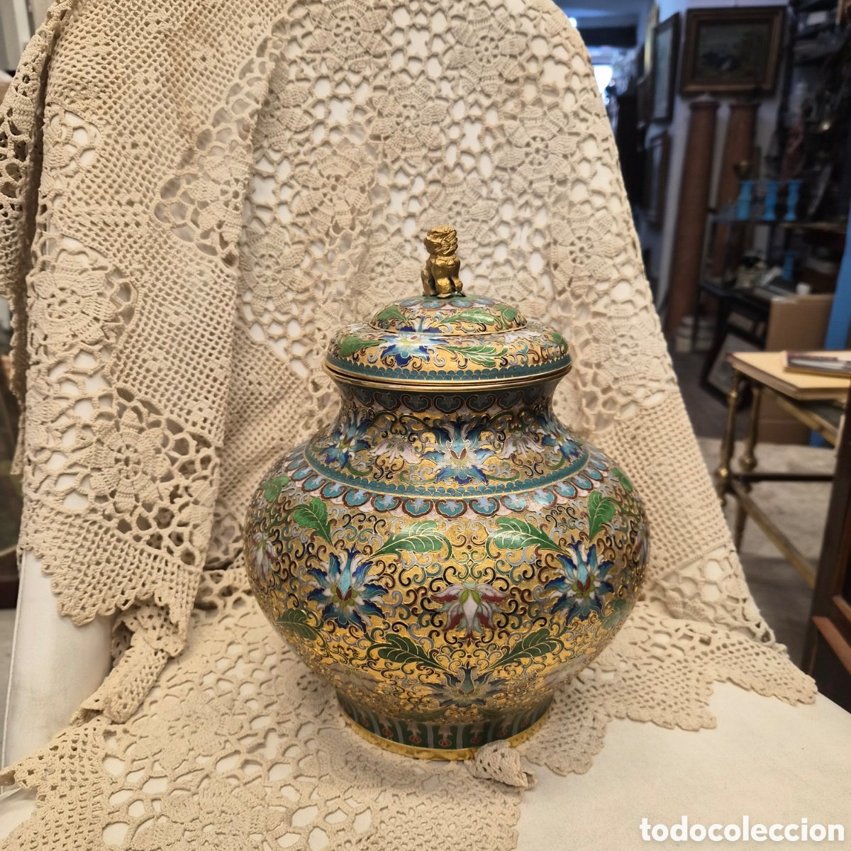 Antig&uuml;edades: Jarron chino Cloisonn&eacute; le&oacute;n guardi&aacute;n foo dog