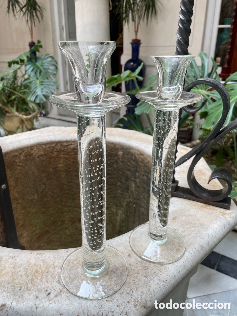 Antig&uuml;edades: Pareja candelabros cristal soplados a mano