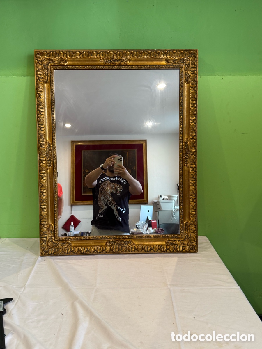 Antig&uuml;edades: Espejo antiguo marco de madera tallada dorada gran calidad estilo barroco 96 x 74 cm