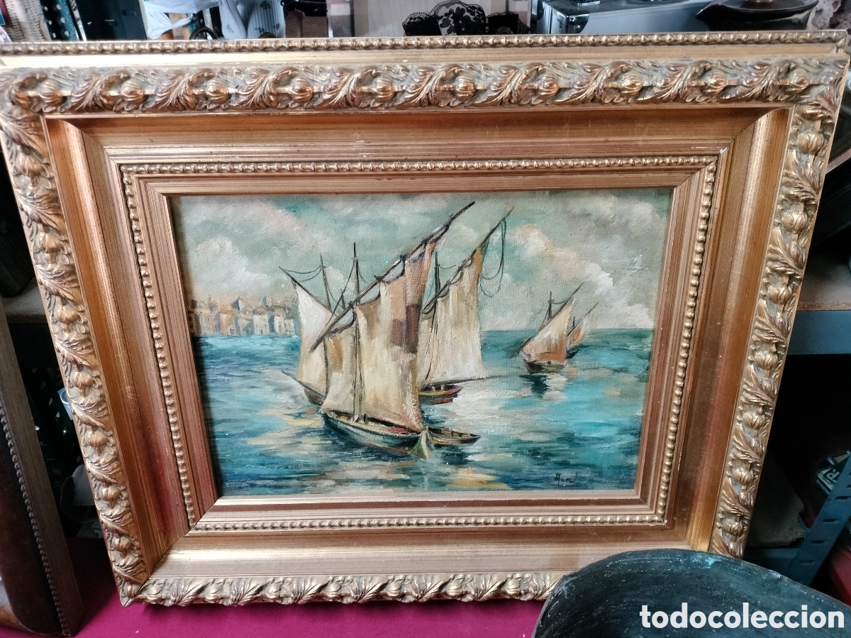 Antig&uuml;edades: Antigua marina principios siglo XX pintada sobre tablilla y firmada( firma ilegible)