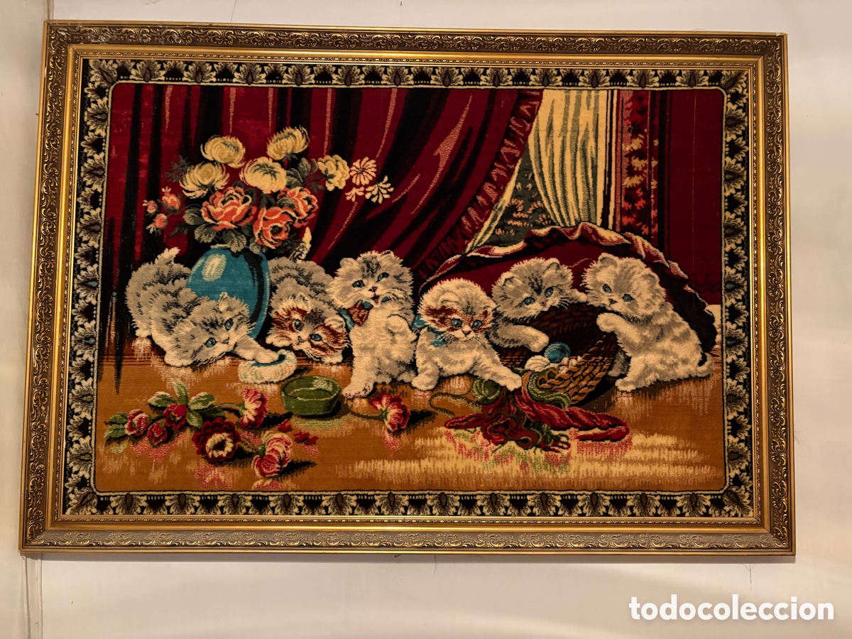 Oggetti Antichi: Gran tapiz de terciopelo vintage con gatitos &ndash; 158 x 110 cm&ndash; cuadro decorativo con marco dorado