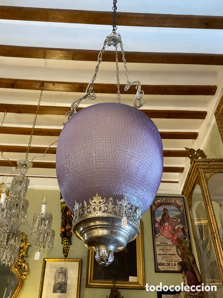 Antig&uuml;edades: L&aacute;mpara farol siglo XX bronce y cristal