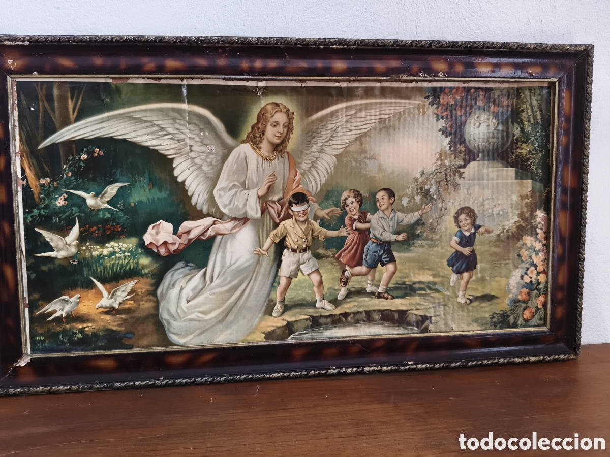 Antig&uuml;edades: Cuadro antiguo lamina modernista de Angel de la guarda con ni&ntilde;os jugando gallina ciega