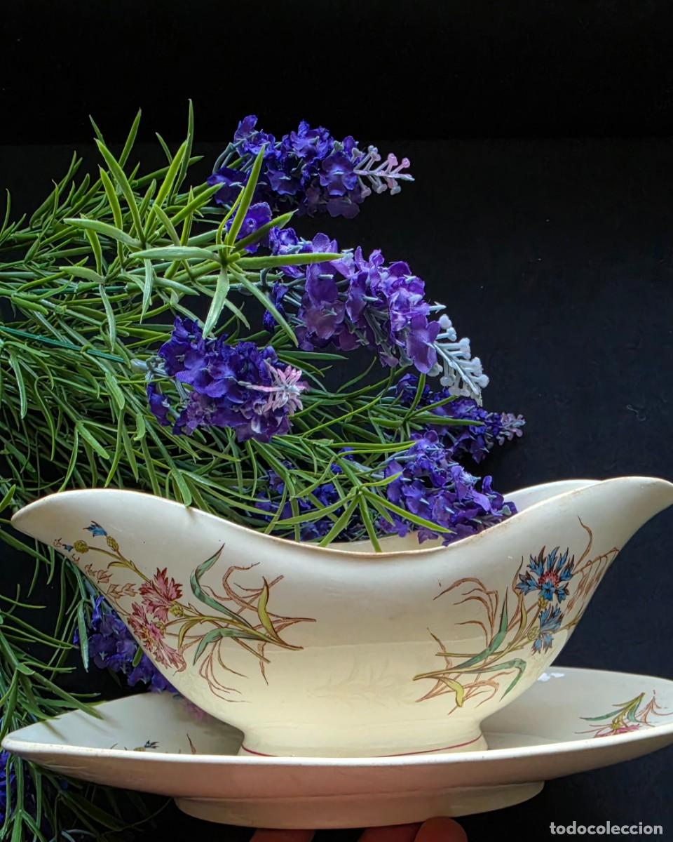 Antig&uuml;edades: Antigua Salsera de Loza Francesa S. XIX Luneville Estilo Neocl&aacute;sico decoraci&oacute;n flores silvestres