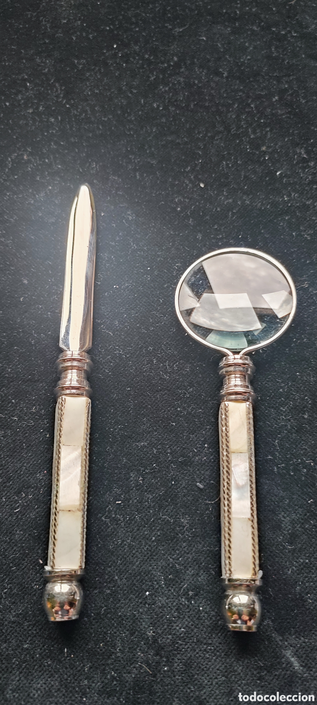 Antig&uuml;edades: Juego de abrecartas y lupa de nacar y metal plateado Art Deco