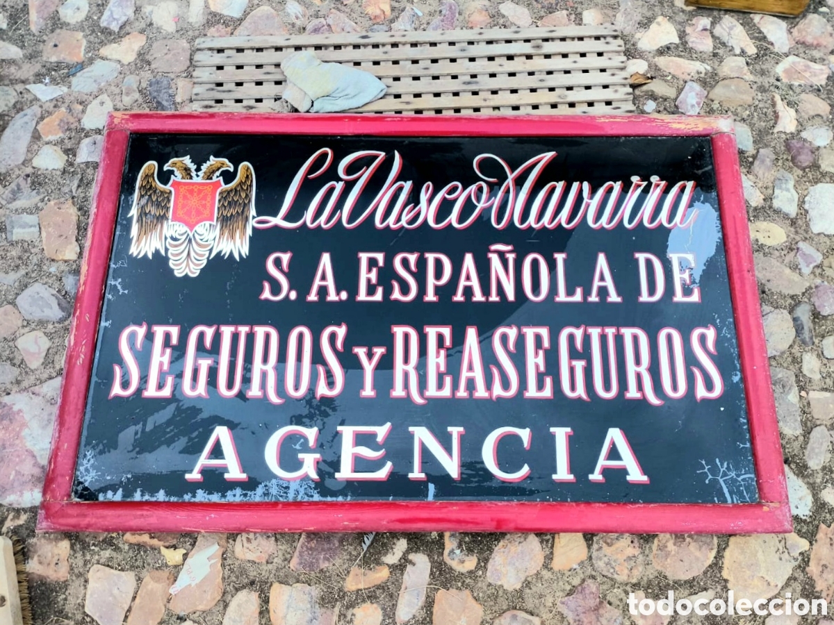 Antig&uuml;edades: Cartel en vidrio de La Vasco Navarra S.A. Espa&ntilde;ola de Seguros y Reaseguros Agencia