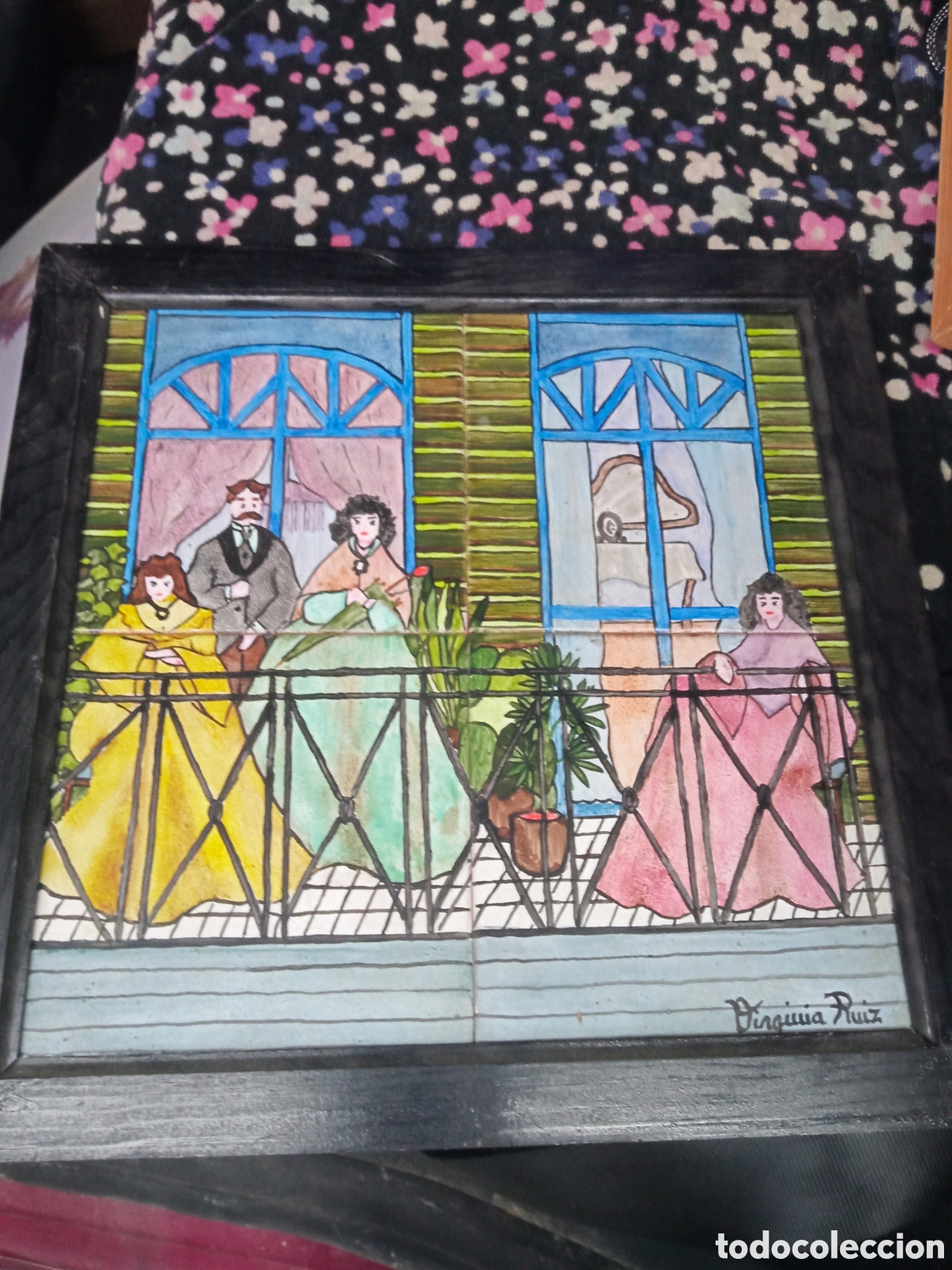 Antig&uuml;edades: Cuadro de cer&aacute;mica, Firmado por Virginia Ruiz, mide 25x25 cm enmarcado