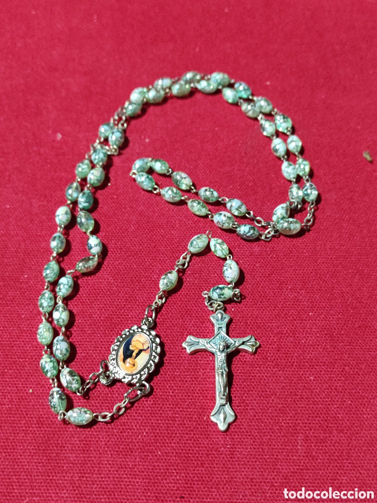 Antig&uuml;edades: Original rosario de cuentas de cristal con imagen de virgen y fraile