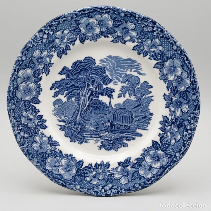 Antig&uuml;edades: Plato Enoch Wedgwood Tunstall - Patr&oacute;n Woodland - Azul y Blanco - Made in England - 24,5cm
