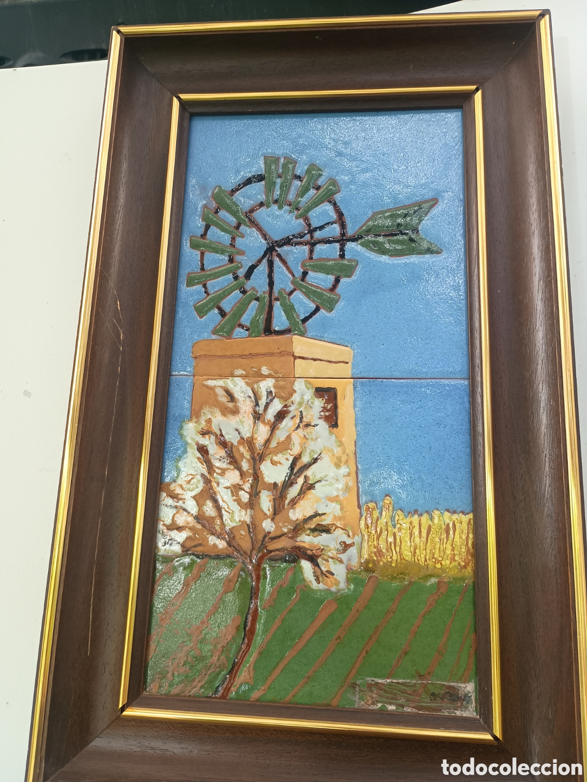 Antig&uuml;edades: Cer&aacute;mica paisaje molino firmado