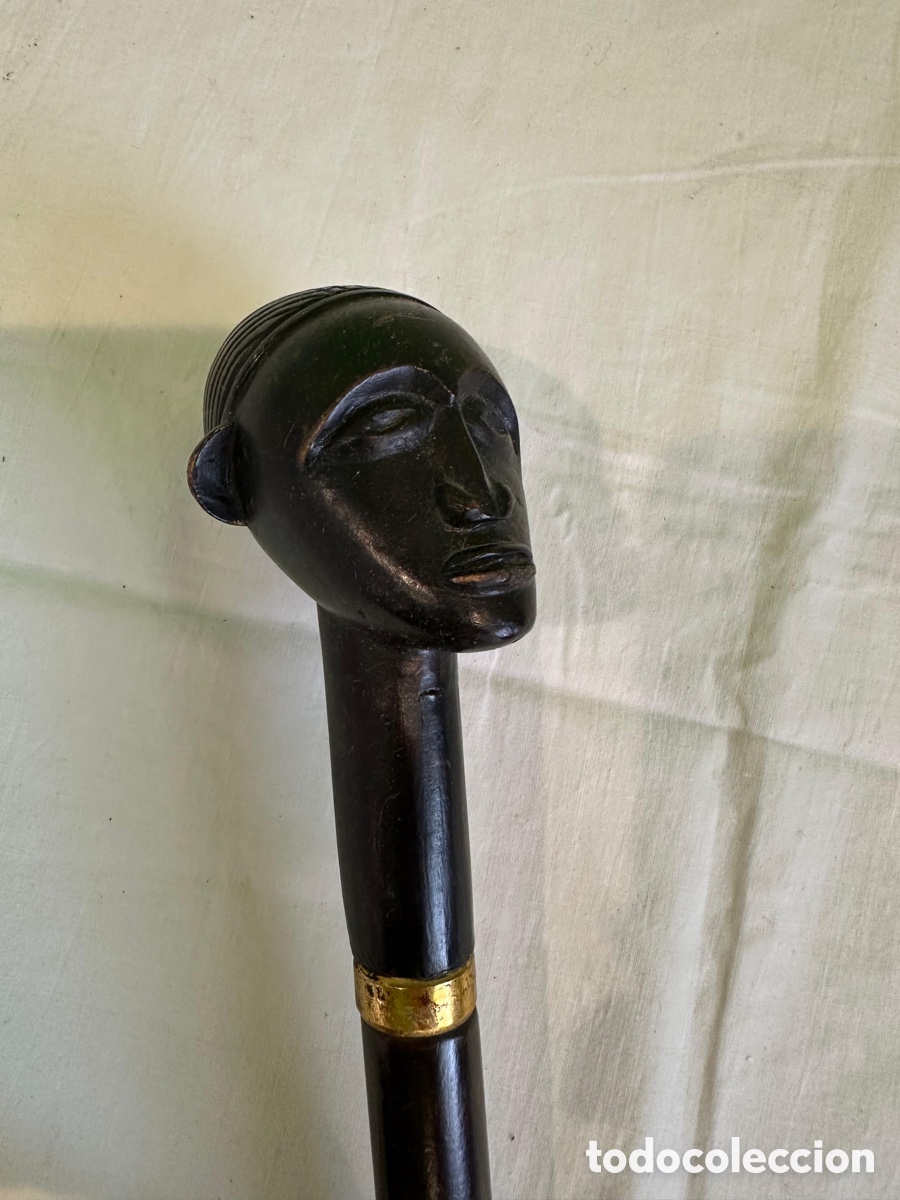 Antig&uuml;edades: Bast&oacute;n antiguo talla cabeza africana madera tallada 90 cm vintage