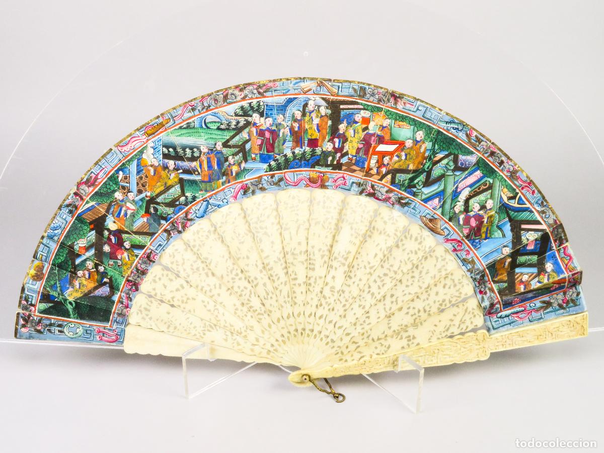 Antig&uuml;edades: Abanico mil caras canton&eacute;s varillaje tallado pa&iacute;s papel pintado China siglo XIX
