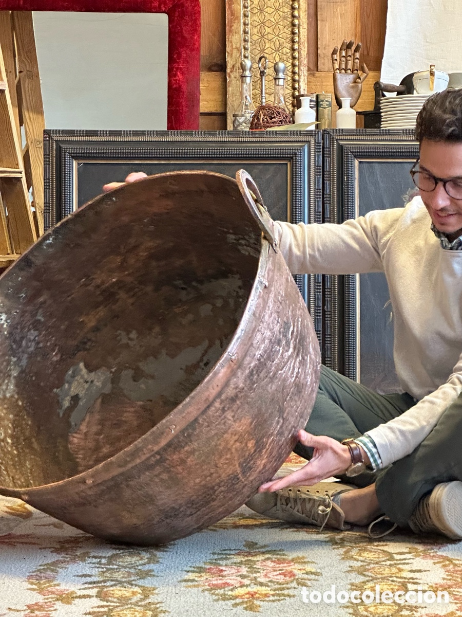 Antig&uuml;edades: Caldera de cobre con dos asas. Segovia, s.XIX. Olla perol barre&ntilde;o cocina etnograf&iacute;a